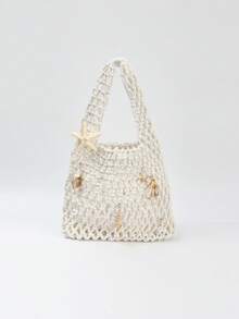 BAILEE Fashionable Colorful Polyester Yarn Hand-Woven Pattern Handbag With Ocean Pendant, Suitable For Vacation - White - View 3