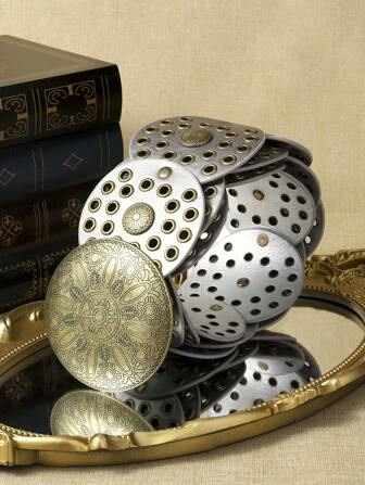 1 件女士银色金属 PU 圆形扣腰带，古铜色配饰，时尚复古休闲腰带，适合约会、聚会、派对、秋季、万圣节日常穿着