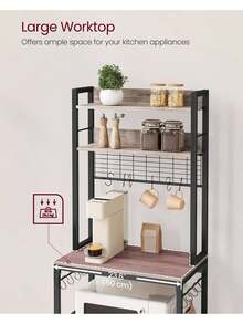 Kitchen Storage Rack With Power Outlet, Coffee Bar, Baker's Rack, With Metal Wire Panel, 14 Hooks, For Microwave, Steel Frame, 40 X 60 X 170 Cm, Greige And Ink Black - UK Plug(220-240V) - View 4