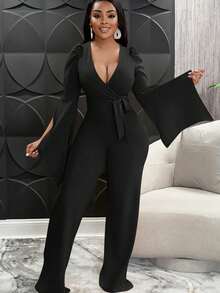 Plus Size Women's Black Minimalist Sexy Elegant Fashion V-Neck Tie Design Asymmetrical Split Long Sleeve Jumpsuit, Suitable For Birthday, Party