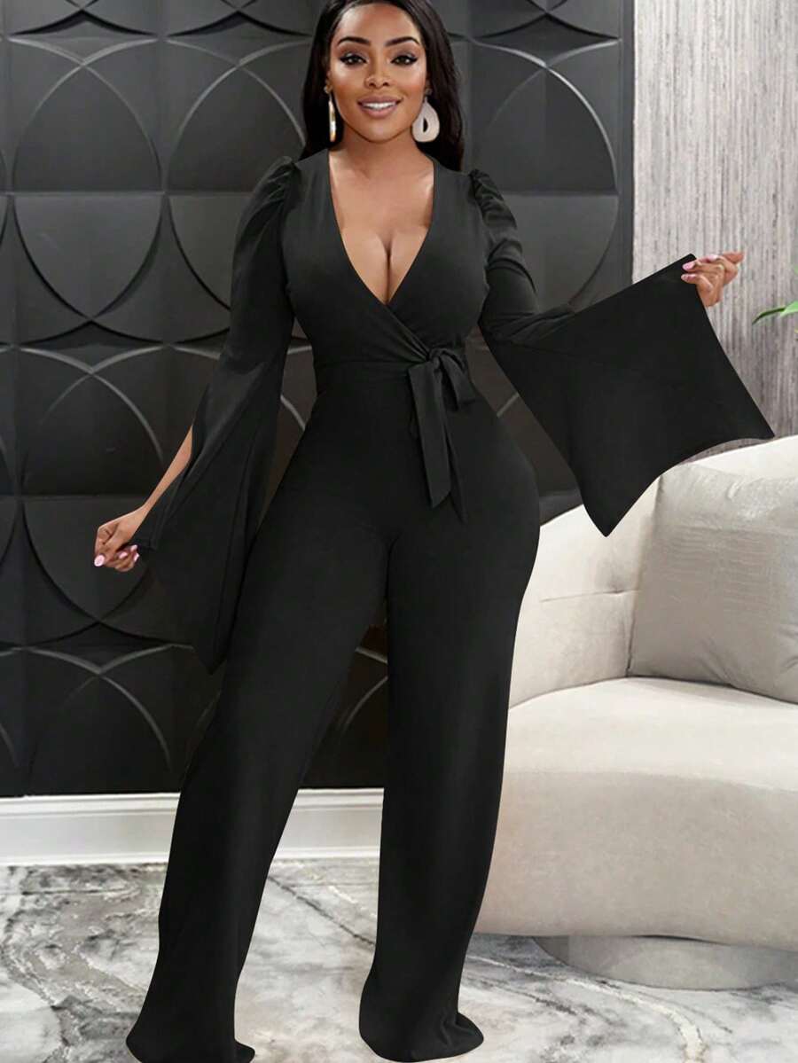 Plus Size Women's Black Minimalist Sexy Elegant Fashion V-Neck Tie Design Asymmetrical Split Long Sleeve Jumpsuit, Suitable For Birthday, Party