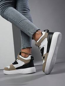 ​Women's Khaki & White Mid-Top Sneakers With Black Trim - Anklet Safe Everyday Casual Shoes, Year-Round Jeans Friendly​ - 白棕 - 查看 5