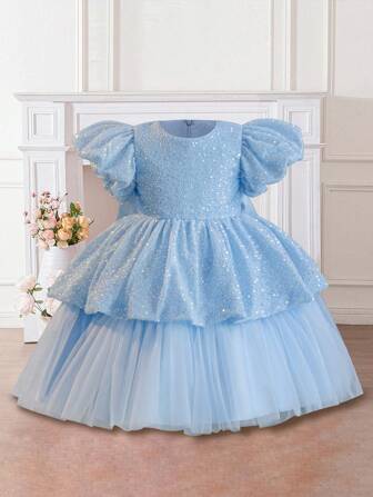 Mädchen Pailletten Puffärmel Prinzessin Kleid, Party Blumenmädchen Tüll voluminöses hochwertiges Festkleid Kinderaufführungskleid