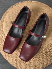 MonaNise 女士3厘米布面包跟黑色时尚百搭玛丽珍低跟粗跟优雅平底鞋，另有藏蓝色、咖啡色、酒红色可选 - 復古紅色 - 查看 4