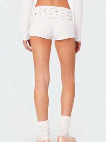 Women Y2K Studded Foldover Summer Hot Shorts Vintage Low Waist Slim Fit Micro Shorts - 白色 - 查看 3