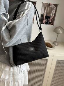 2025 New Casual Large Capacity Crease Striped Fresh Commuting Solid Color Shoulder Underarm Handbag - Black - View 2