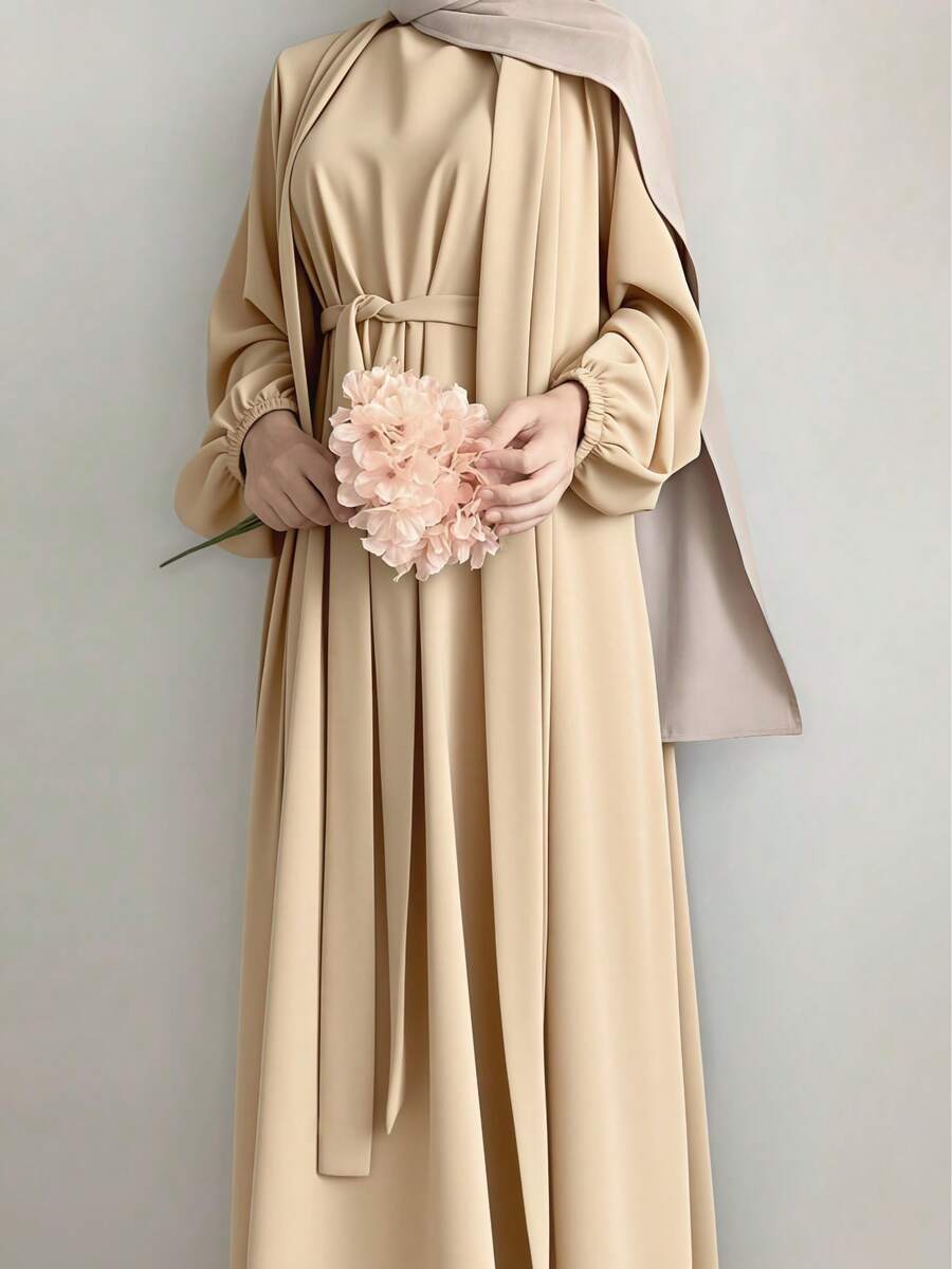 Set de 2 piezas de bata y vestido de manga larga de unicolor con estilo kimono para mujer, estilo árabe (sin pañuelo para la cabeza) - Albaricoque - Ver 1