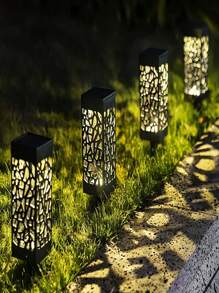 2/4/6/12pcs Outdoor Solar Rectangular Hollow Lawn Light, ABS Resin Material Garden Street Lamp Decoration, Night Light Waterproof Hollow Hollow Solar Ground Insertion Light (500mah), Landscape Projection Pattern Light, Lighting Decoration, Very Suitable For Road Lawns, Garden Courtyards, Driveway Path Lights - Warm Light