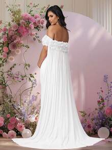 JustVH Maternity Floral Off-Shoulder Dress For Baby Shower, Mesh Cloak Maxi Women Outfit Photoshoot Prop