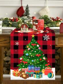 1pc 35*180cm/13.78*70.87inch Christmas Decorative Table Runner, Red & Black Plaid Santa Claus & Christmas Tree Gift Pattern, Suitable For Home Dining Table, Coffee Table, Party Decor, Holiday Gift Essential Textile Decoration - Multicolor - View 6