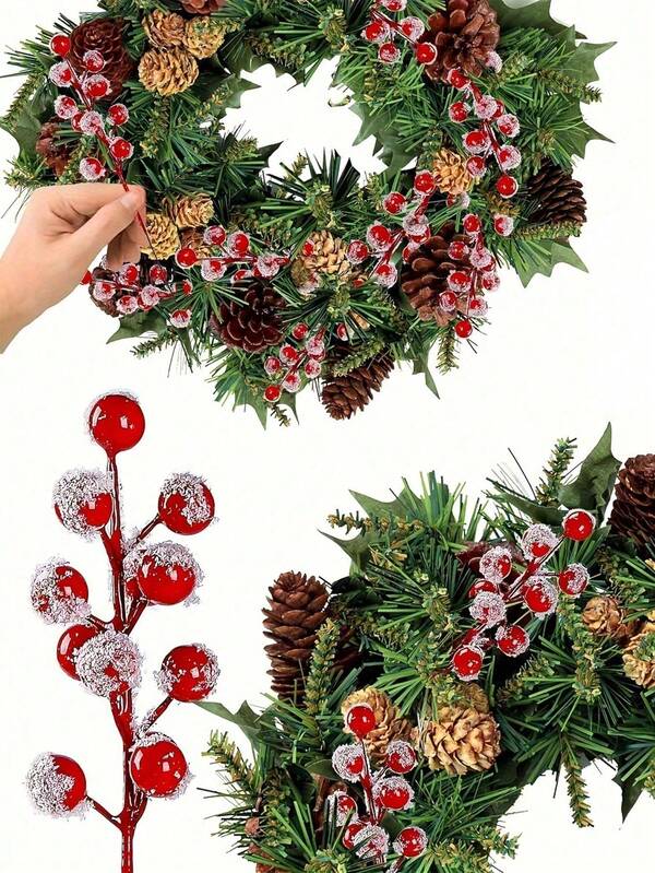 5/10/15/20pcs Artificial Berries Winter Frosted Red Berry Branches For Tree Wreath Garland DIY Crafts Home Wedding Party Theme Party Gathering Holiday Hanging Tree Celebration Home Decorations, Scene Decoration, Valentine Day, Gift (Excluding Vase)
