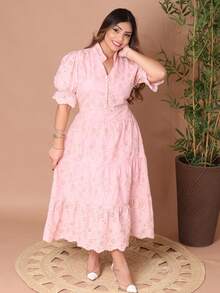 Women's Fashion Midi Dress In 3D Laise Fabric With Elastex On The Back And Button On The Front And Lining - 雙色BB粉紅色 - 查看 2