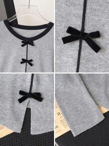 Áo len dài tay họa tiết nơ 3D tương phản màu sắc sang trọng tôn dáng cho nữ, mùa thu, mặc hàng ngày, hẹn hò, đi làm, Giáng sinh - Xám - Xem 10