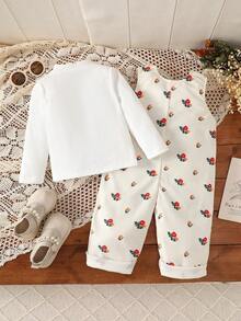 2 Stücke Baby Mädchen süßer weißer Rollkragen Pullover und Blume Muster Overall Set, geeignet für Herbst/Winter Outdoor