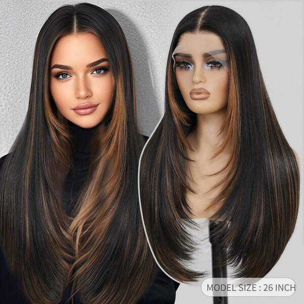 Synthetic 13x4 Lace Front Wigs 100% Futura Premium Fiber Pre Plucked Chocolate Brown Straight Wigs For Women Ready To Wear Glueless Wig With Bangs Long Layered Straight Wigs 26 Inch Skunk Stripe Brown With Black Highlight Brown Mix Blonde Beginner Friendly