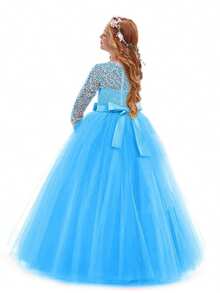 Flower Girls Dress Long Lace Bridesmaid Dress 3/4 Sleeves Floor Length Wedding Party Evening Formal Pegeant Maxi Tulle Ball Gowns - Màu xanh lam - Xem 3