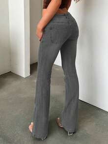 Jeans vintage para mujer de talle alto con abotonadura, corte slim, desgastados, informales, sexy y con estilo - Gris Oscuro - Ver 5