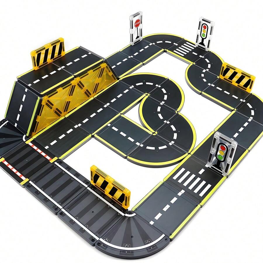 磁性积木道路和火车轨道扩展包，磁性积木建筑玩具，适合男孩女孩，包括道路轨道、交通信号灯、标牌 - 彩色 - 查看 1