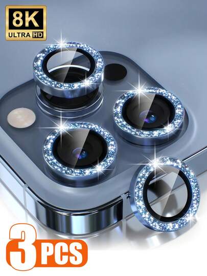 ZYONS 3片装相机镜头保护膜，兼容 17 Pro Max/17 Pro/17 Air/17/16 Pro Max/16 Plus/16E/15 Pro Max/14/13/12/11，9H钢化玻璃相机盖屏幕保护膜，带金属环装饰（蓝色）