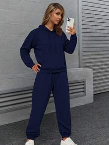 Conjunto  deportivo de pants con sudader de manga larga con cordones con abertura en la parte de adelante. - Azul Marino - Ver 2