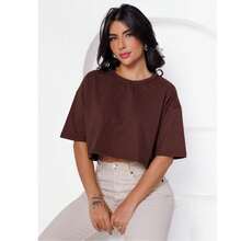 Women's Basic Cropped T-Shirt In Plain Cotton Knit - Rust Brown - View 1
