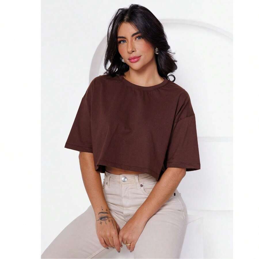 Women's Basic Cropped T-Shirt In Plain Cotton Knit - Rust Brown - View 1
