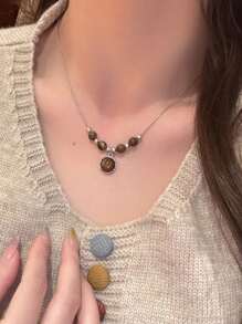 1/4 Stücke Vintage Leder Braun Edelstein Anhänger Halskette, mehrschichtige Choker Halskette, elegante Schlüsselbein Kette für Frauen, Herbst/Winter