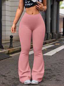 Pantalones deportivos de cintura alta y de campana para mujer talla grande, pantalones de compresión de unicolor para yoga, running y entrenamiento