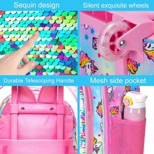 3PCS Rolling Backpack For Girls, Crown Unicorn Kids Roller Wheels Bookbag, Wheeled School Bag With Lunch Bag