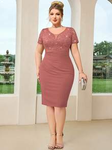 Plus Deep V-Neck Sequin Floral Lace Ruched Hem Bodycon Dress - Dusty Pink - View 8