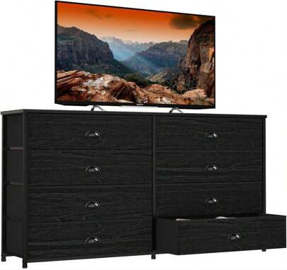 Wide Dresser With 8 Fabric Drawers, TV Entertainment Center With Storage For 55'' TV, Large Chest Of Drawers For Bedroom, Living Room, Dorm, Closet, Entryway, Wood Top (Black Oak),10166887