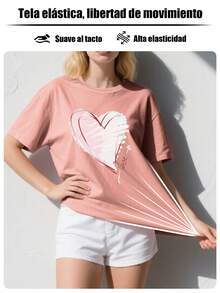 Camiseta gráfica de mujer de manga corta con cuello redondo, de moda con estampado de corazón,Camiseta de Mujer, Manga Corta, Cuello Redondo, Ropa Casual para Primavera y Verano, Blusa Moderna de Moda, para uso diario casual - Rosa - Ver 6