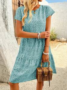 Women's Random Print Round Neck Short Sleeve Mid-Length Dress - Blue - View 2