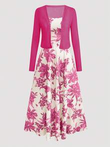 女式无袖印花腰喇叭裙搭配针织开衫，浪漫波西米亚花卉印花度假装套装 - 玫紅色 - 查看 5