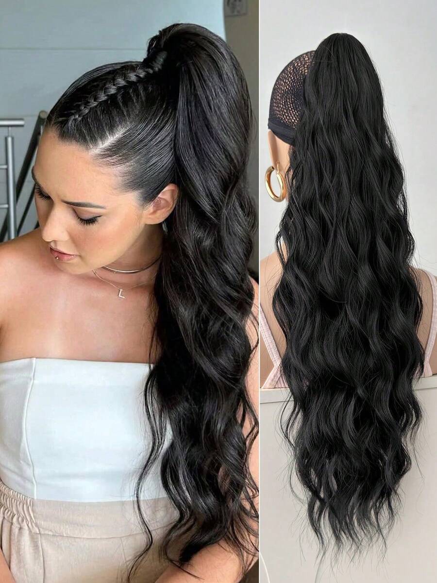 24-Inch Black Wavy Ponytail Hair Extensions, Heat-Resistant Synthetic Fiber, Clip-In Style, Suitable For Girls And Women For Daily Use