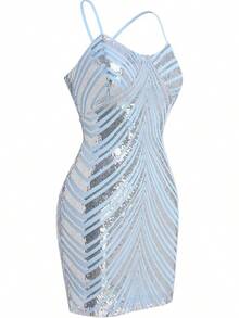 Teen Homecoming Dress Sequins Bodycon Mini Spaghetti Strap Floral Glitter - Biru Perak - View 4