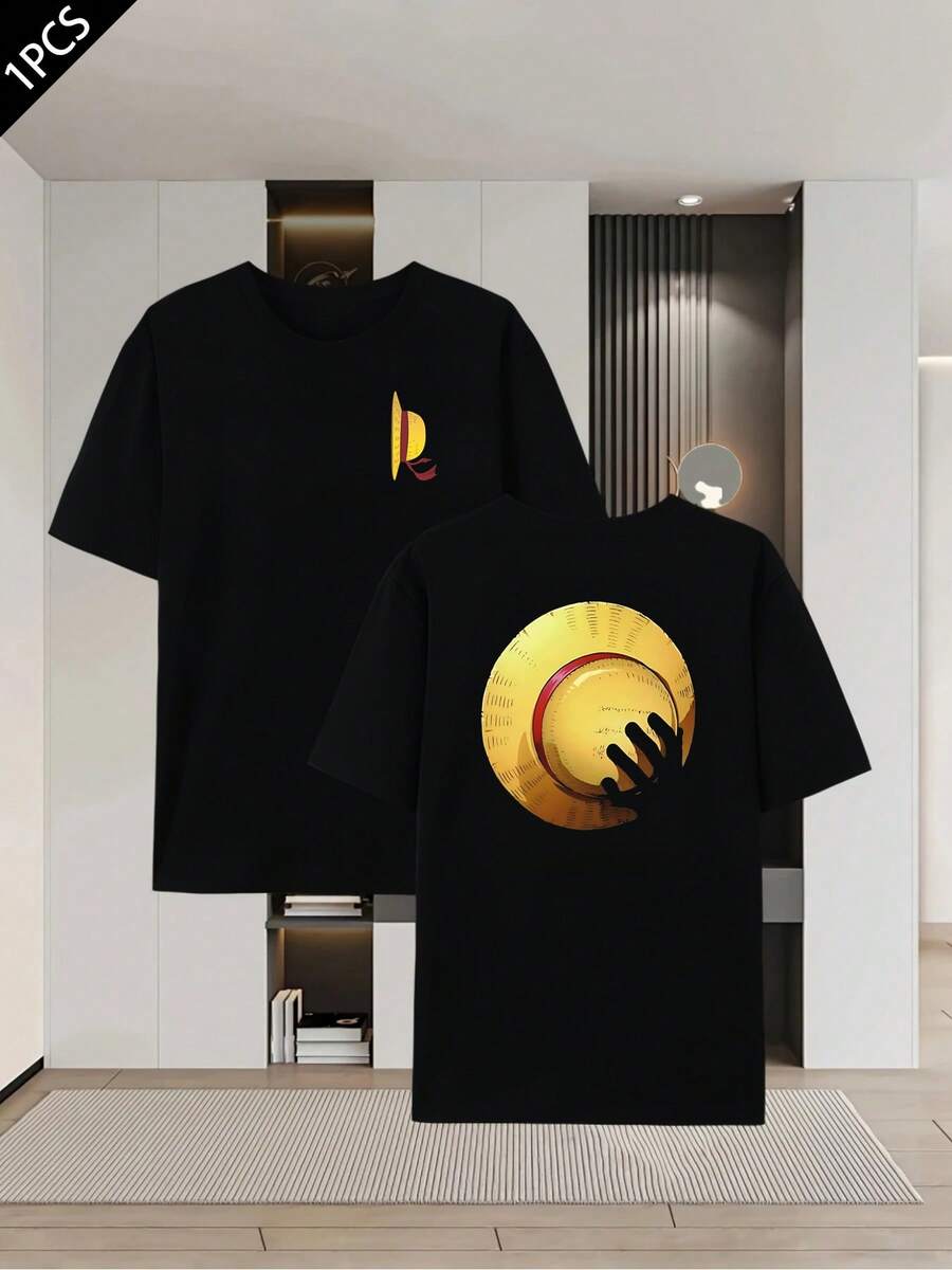 Lu Ffy Straw Hat One Piece T-Shirt, Men's Double-Sided Printed T-Shirt, Fashion Casual Round Neck, 220g/M2 Pure Cotton (1 Piece) - 黑色 - 查看 1