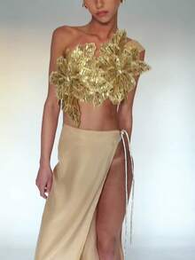 Women Asymmetrical 3D Flower Crop Cami Sparkly Glitter Sleeveless Bandage Tank Top Elegant Y2K Party Streetwear - 金色 - 查看 4