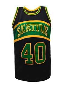 KTYSDE 男士40号黑色复古篮球背心，西雅图字母印花+刺绣，宽松无袖圆领背心，适合篮球、运动、跑步、街头穿着，男女通用 - 黑色 - 查看 2