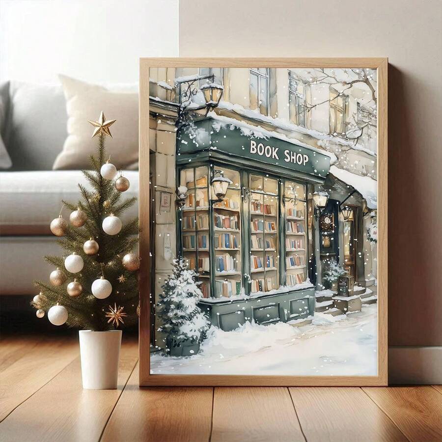 1 pezzo, Tela con cornice, Stampa artistica di una libreria invernale a New York, Stampe per angolo lettura, Decorazioni natalizie per amanti dei libri, Regali per amanti dei libri, Stampe di librerie, Per decorazioni natalizie, Decorazioni per camera da letto, Decorazioni per bagno, Decorazioni per sala da pranzo, Decorazioni per cucina, Decorazioni per soggiorno, Decorazioni per ufficio, Decorazioni natalizie per la casa - Multicolore - Visualizzare 1