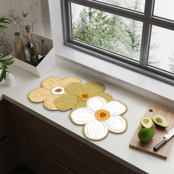 1 pieza Tapete de secado de platos, Tapete de drenaje para encimera de cocina, Diseño de tres flores, Fácil de limpiar y resistente a las manchas, Tapete absorbente de agua para encimera para tazones y platos, Adecuado para decoración de cocina y hogar, Navidad, Halloween, Pascua