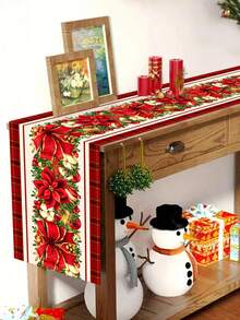 1pc 35*180cm/13.78*70.87inch Christmas Table Runner, Holiday Fabric Decor Tablecloth, Red Bow & Christmas Flower Pattern Long Table Topper, Suitable For Christmas Home Decoration