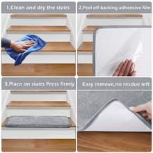 Plush Soft 14pcs Bullnosed Carpet Stair Treads Cover (9.5" X 30"X1.2")With 1pcs Landing Mat (24"X36") Rugs Set Tape Free Self-Adhensive Non-Slip Noise Reduced - 灰色 - 查看 5