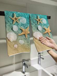 2pcs 400gsm Thick Super Soft Microfiber Starfish & Shell Printed Modern Minimalist Design Water-Absorbing Non-Shedding 17.7"X27.6" Rectangular Towels, Versatile For Kitchen, Bathroom, Living Room, Bedroom, Great Gift For Parents And Friends