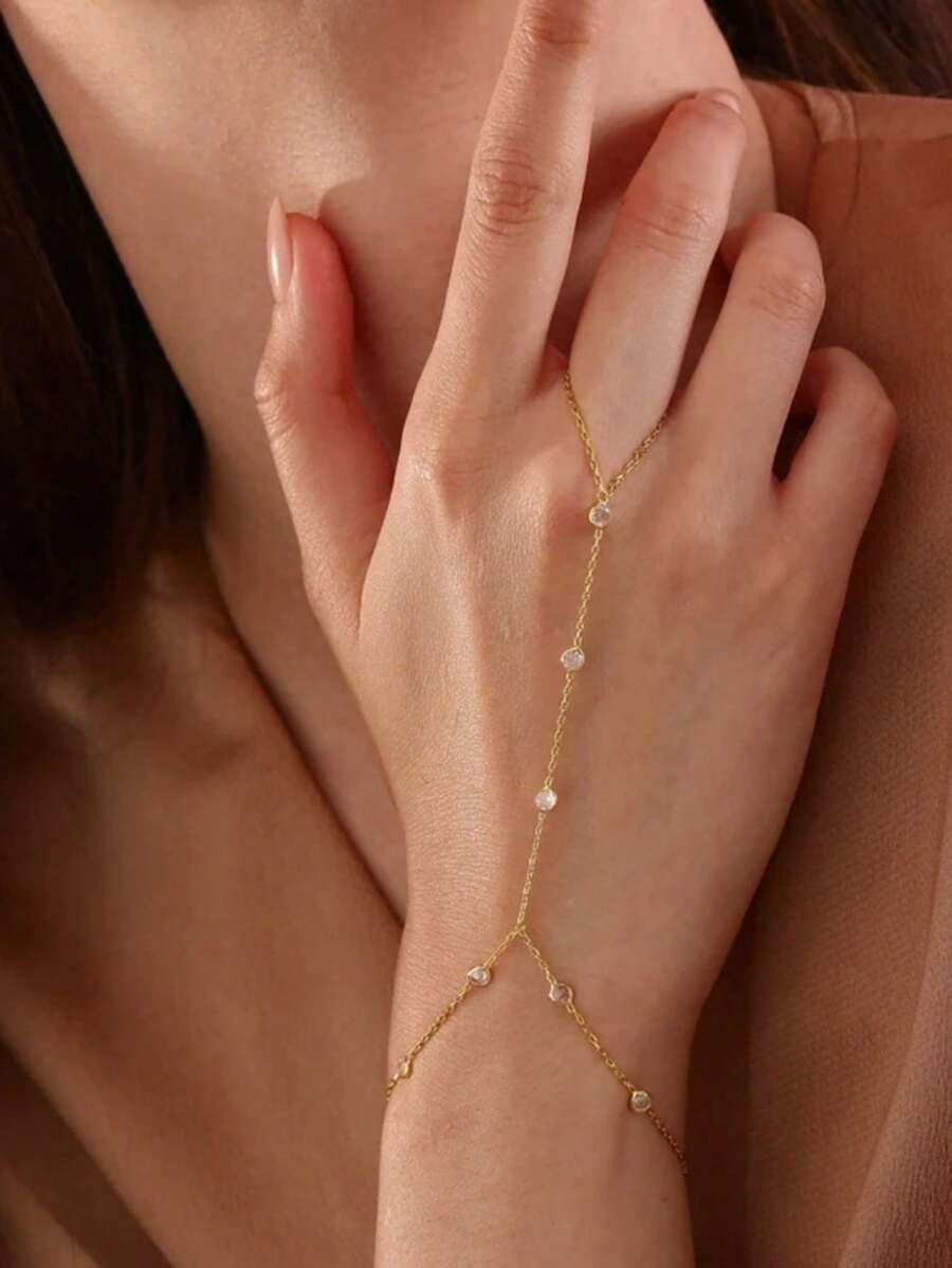 Gold Hand Chain Bracelet For Women , Gold Ring Bracelet Hand Chain Finger Ring Cuff Bracelet Cubic Zirconia Hand Jewelry For Women Summer Beach Jewelry Accessories For Women