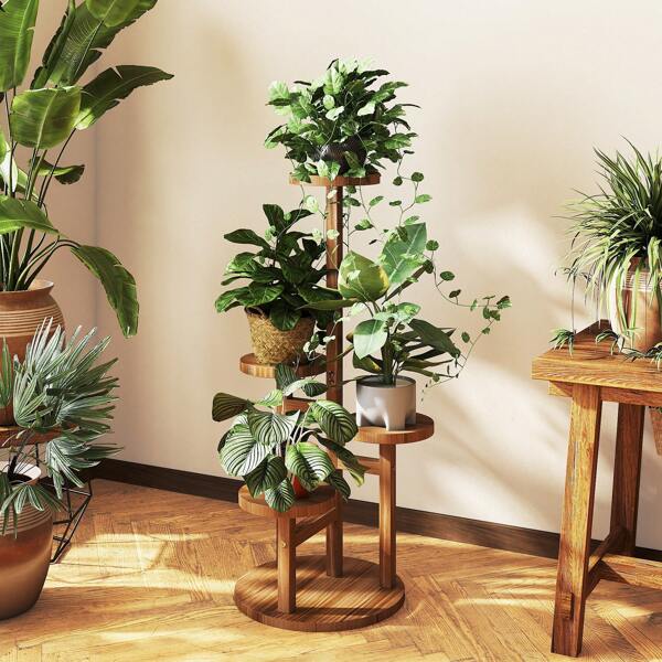 Bamworld 4-Tier Wooden Plant Stand - Indoor/Outdoor Corner Shelf For Multiple Plants, Round Flower Holder For Living Room/Patio