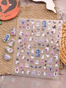 2 件可爱卡通万圣节美甲浮雕贴纸 - 鬼魂、南瓜、蜘蛛、小鬼和花朵图案，女士自粘美甲贴花，5D 浮雕饰面，可爱、有趣和卡通主题，易于粘贴指甲装饰、DIY、节日礼物、派对风格 - 彩色 - 查看 2