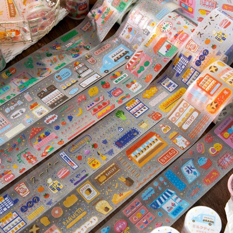Twilight Sparkling Sand Die Cutting Tape Shopping Party Series Japanese Fresh Hand Account Gooka Decorative Stickers,For School Supplies,Back To School - Multicolor - View 1