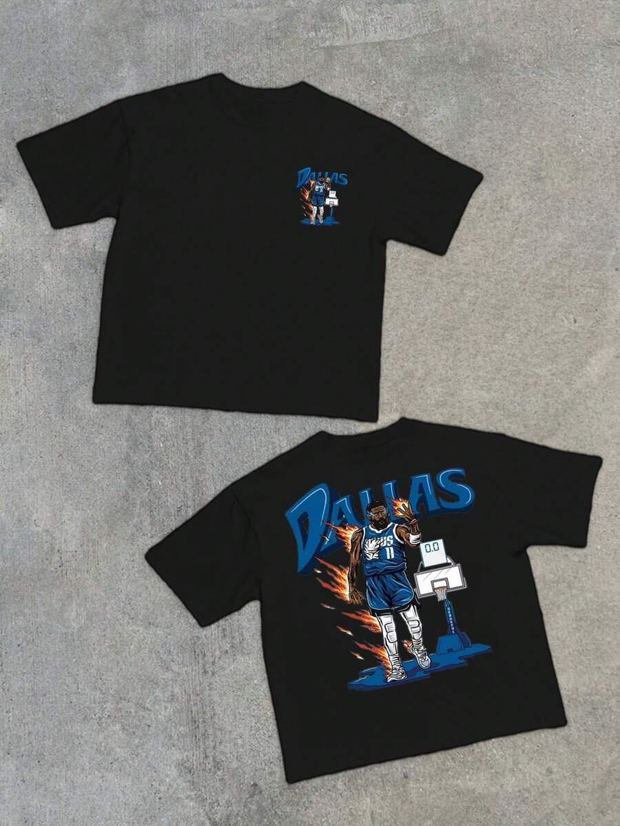 Dallas Mavericks Basketball Player Double Sided Digital Printed 100% Cotton T Shirt 1pcs Men's Casual Streetwear Tee 220g  Graphic Tee - 黑色 - 查看 1