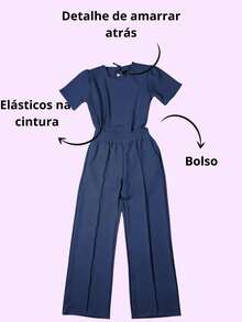 Conjunto Infantil Feminino 2 Peças – Blusa Manga Curta e Calça Pantalona com Elástico- ESTILO BLOGUEIRNHA - Azul Marinho - Visão 2